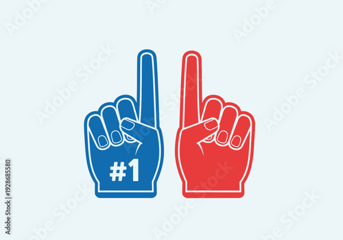 Two foam fingers, one blue with "#1" and one red, pointing upwards against a light background, symbolizing victory or being number one.
