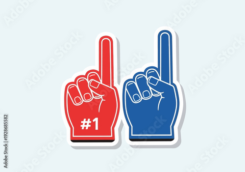 Two foam fingers, one red and one blue, are shown side-by-side against a light blue background.
