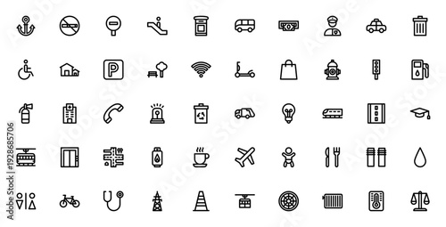 Public Services icon set. Vector symbols collection for urban life. Includes anchor, no smoking, bus, ATM, police, taxi, park, wifi, hospital, recycle bin, traffic light and more. Editable stroke.