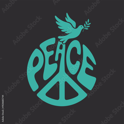 A dove of peace carries an olive branch above the word peace within a peace symbol.