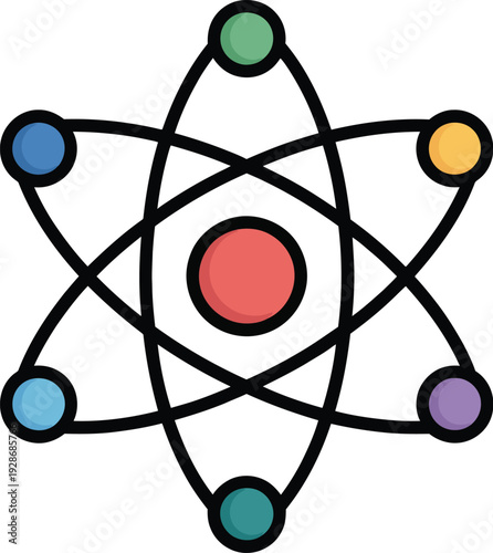 Atomic Structure Vector IconElectrons Orbiting Nucleus with Colored Particles