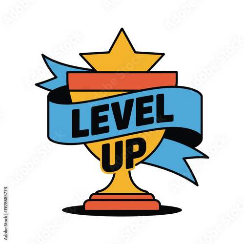 A trophy with a banner reading 'LEVEL UP' signifies achievement and progress in a game or life.