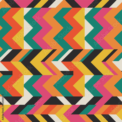 A vibrant and colorful geometric chevron pattern repeats across the image.