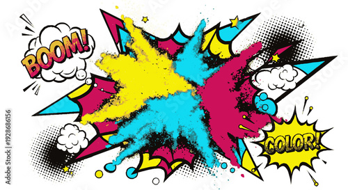 Vibrant comic book explosion with boom and color text dynamic pop art style graphics