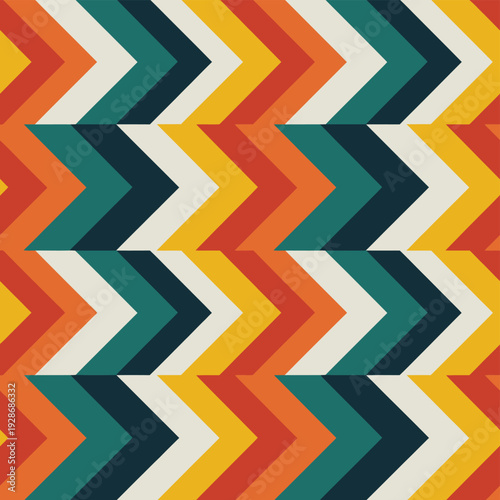 Retro zigzag pattern with warm and cool colors creates a dynamic graphic background.