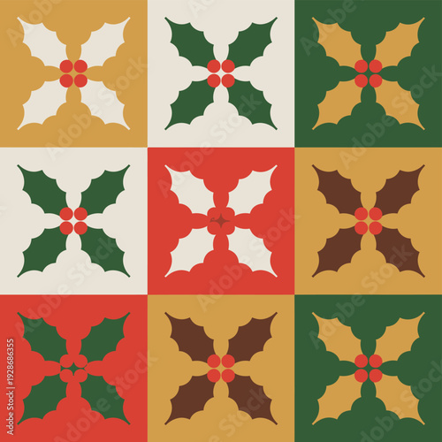 A festive repeating pattern of holly sprigs is displayed in a grid.