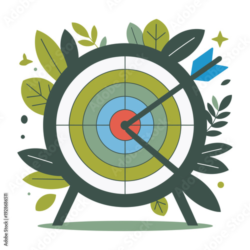 An arrow hits the bullseye of a target surrounded by leaves.