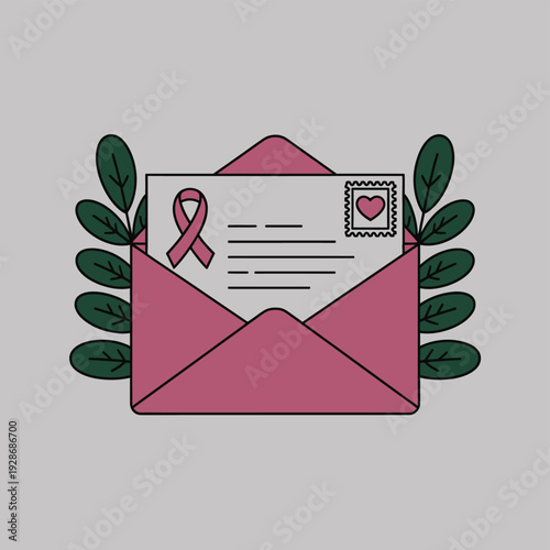 Pink envelope with a letter bearing a breast cancer awareness ribbon and a heart stamp.
