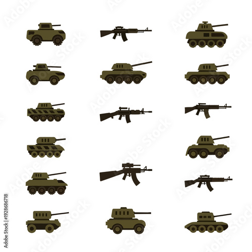 Military Vehicles and Weapons Collection: Tanks and Rifles Icons