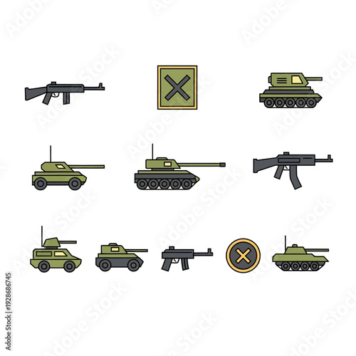 Military Vehicles and Weapons Icons: Tanks, Guns, and Cross Symbols