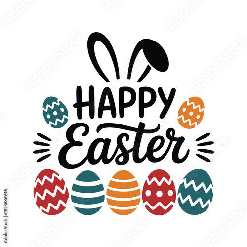 Happy Easter text with bunny ears and decorated eggs illustration.