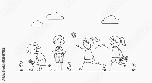 A minimalist line art illustration of children playing in a field