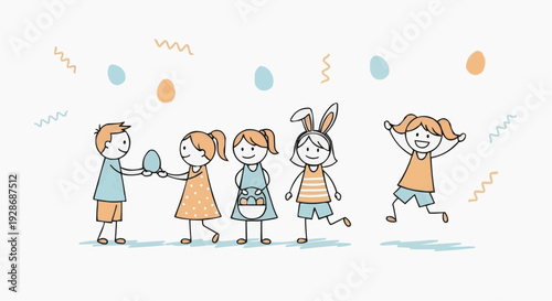 A colorful illustration of happy children celebrating Easter with eggs