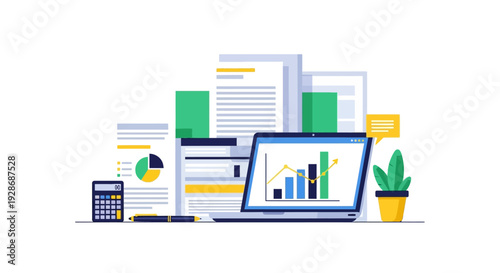Business and finance illustration with laptop charts documents and calculator