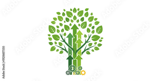 Green tree with arrows rising depicting growth and development concept