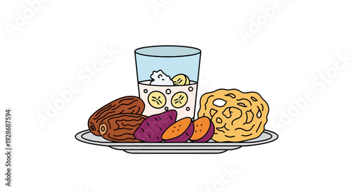 Healthy breakfast illustration dates sweet potato banana smoothie and pastry