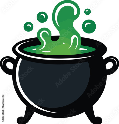 Bubbling Cauldron with Green Potion and Steam Halloween Theme Fantasy