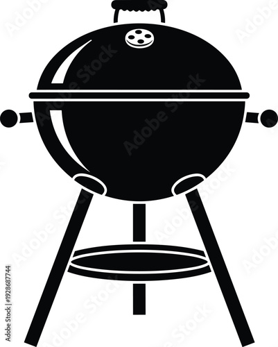 Barbecue grill silhouette icon, charcoal kettle BBQ cooker isolated on white background, outdoor cooking equipment symbol, black and white vector illustration