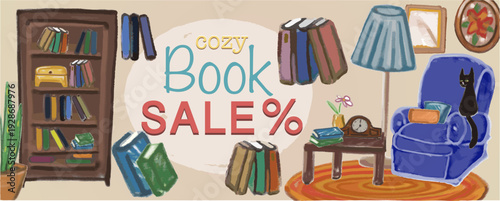 Vector banner with hand drawn doodle elements. Pencil texture, cozy, warm illustration. Bookshelf  and a lot of books, comfortable armchair and of course a cat
