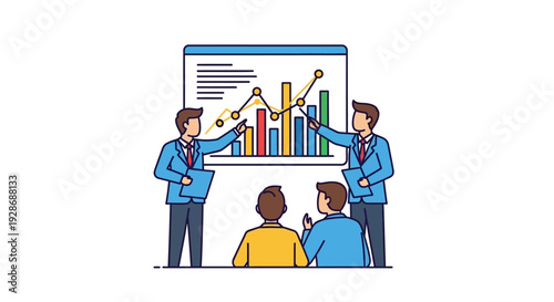 Business presentation illustration with people pointing at a graph on white background