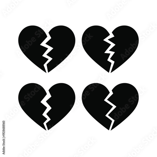 Four black broken heart icons arranged in a square on a white background symbolize sadness and loss.