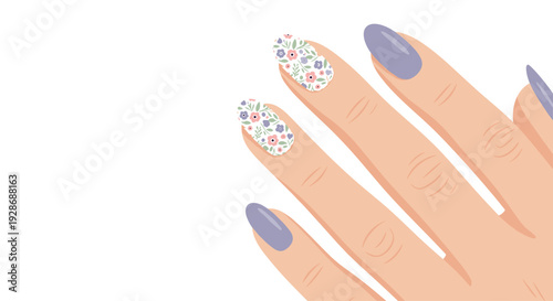 A flat illustration depicts a hand with long oval nails featuring a mix of solid lavender polish and intricate floral patterns against a white background.