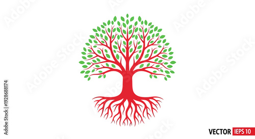 Stylized red tree with green leaves and roots illustration on white background