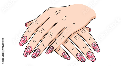 Two hands with black outlines are crossed over each other showing long rounded nails painted pink with white cherry blossom patterns on a white background.