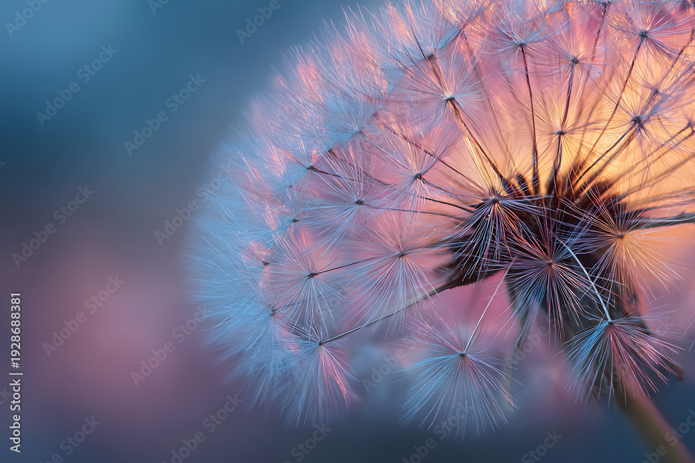 Obraz premium A close-up view of a dandelion clock with delicate seeds against a softly blurred background of pink and blue hues at sunset
