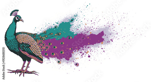 Vibrant peacock standing with colorful purple and green paint splatter effect background