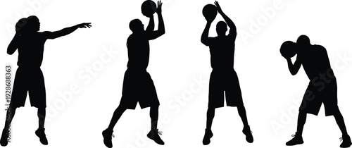 Basketball player action silhouettes vector illustration, men shooting passing and defending basketball, sports training movement poses, black and white athletic figures isolated