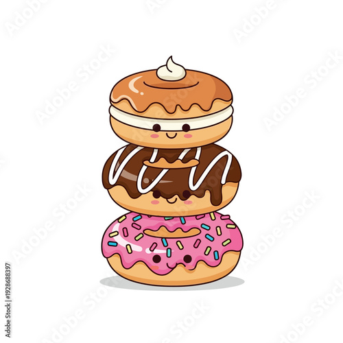 Cute Stack of Three Kawaii Donuts with Smiling Faces, Pink, Chocolate, Caramel Glaze