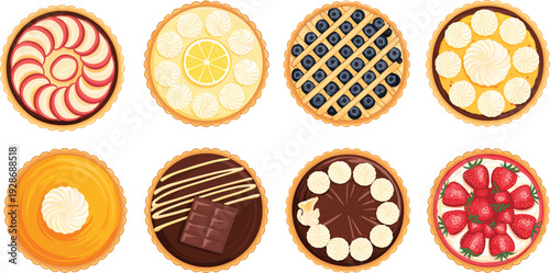 Assorted sweet dessert tarts collection with fruit chocolate cream toppings isolated vector set