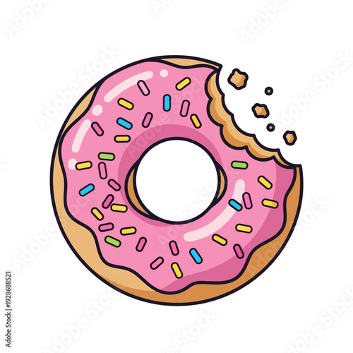 Bitten Pink Frosted Donut with Colorful Sprinkles Isolated on White Background