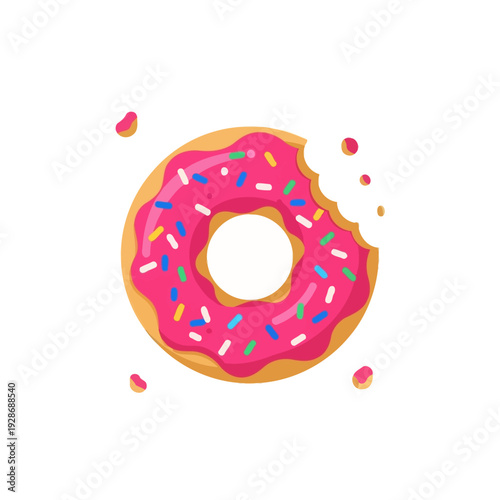 Bitten Pink Frosted Donut with Sprinkles, Sweet Pastry Treat, Isolated on White Background