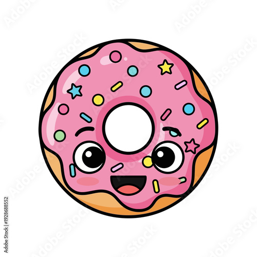 Cute Kawaii Donut Character with Pink Frosting and Colorful Sprinkles, Smiling Face