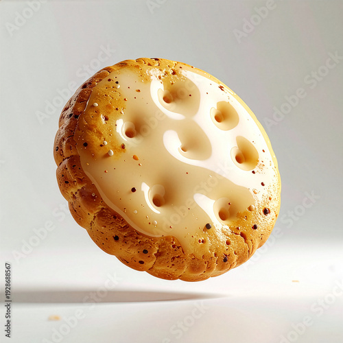 floating 3d cheese cookie with soft shadow on white background