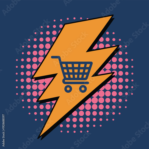 A shopping cart icon is depicted within a lightning bolt symbol against a dotted background.