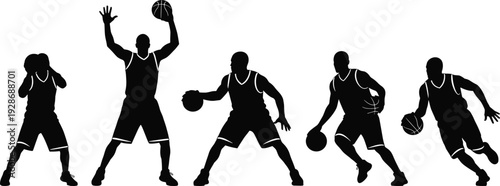 Basketball player silhouettes performing dribbling, shooting and dunking actions, dynamic sports motion figures isolated in black vector illustration on white background design