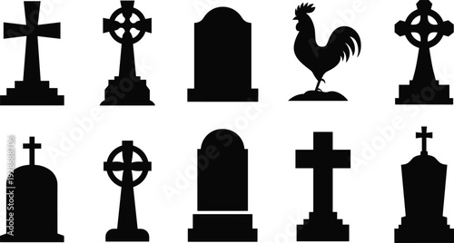 Gravestone and cross silhouette set with cemetery memorial icons isolated black vector collection