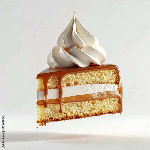 floating tiramisu triangle slice cake with caramel glaze 3d with soft shadow on white background