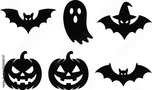 Halloween silhouette set with bats ghost and pumpkin jack o lantern icons