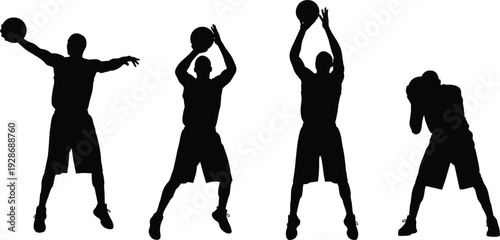 Basketball player silhouettes set, jumping shooting passing poses in action, black and white flat vector illustration for sports training design