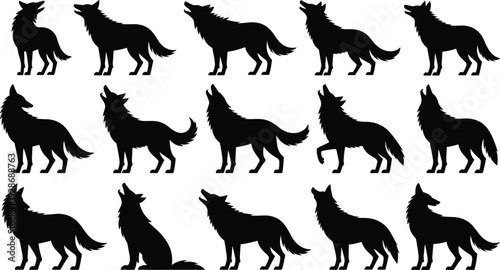 Howling wolf silhouette collection with various wild canine poses isolated black vector set