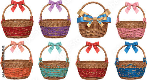 Colorful wicker gift baskets with decorative bows collection isolated on white background vector