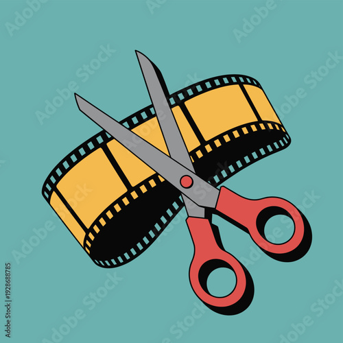 Scissors cutting a film strip on a blue background