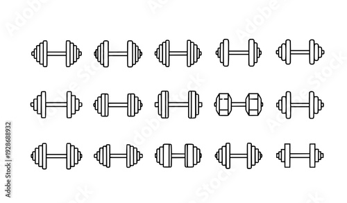 Linear Dumbbell Icon Set with Editable Stroke Vector Collection for Fitness and Gym Design
