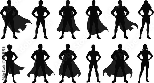 Superhero silhouette collection with male and female hero poses isolated black vector set