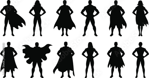 Superhero silhouette collection with male and female heroes standing poses isolated vector set