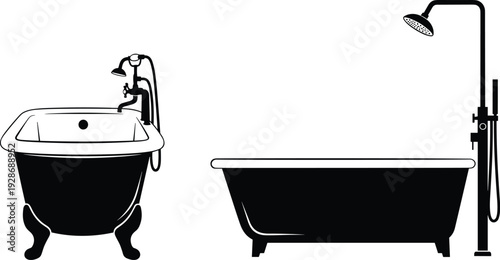 Bathroom bathtub vector illustration with classic clawfoot tub and modern shower bathtub, black silhouette icons for interior design, plumbing, hygiene concepts